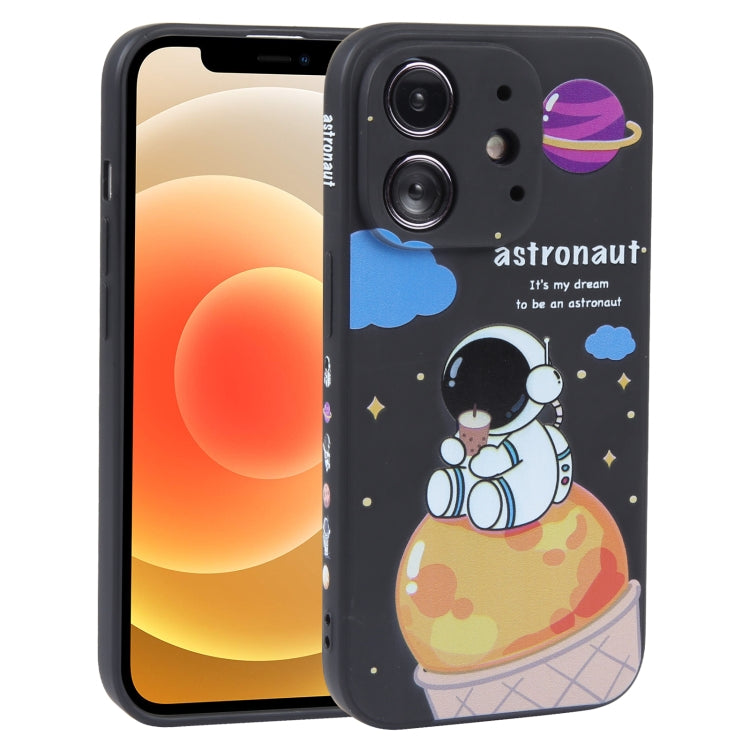 For iPhone 12 Milk Tea Astronaut Pattern Liquid Silicone Phone Case(Ivory Black) - free shipping - PMC TechLife - Order now!