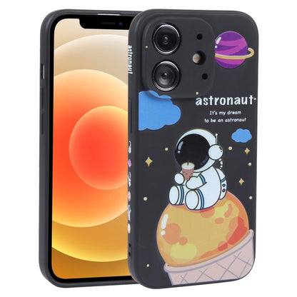 For iPhone 12 Milk Tea Astronaut Pattern Liquid Silicone Phone Case(Ivory Black) - iPhone 12 / 12 Pro Cases by PMC Jewellery | Online Shopping South Africa | PMC Jewellery