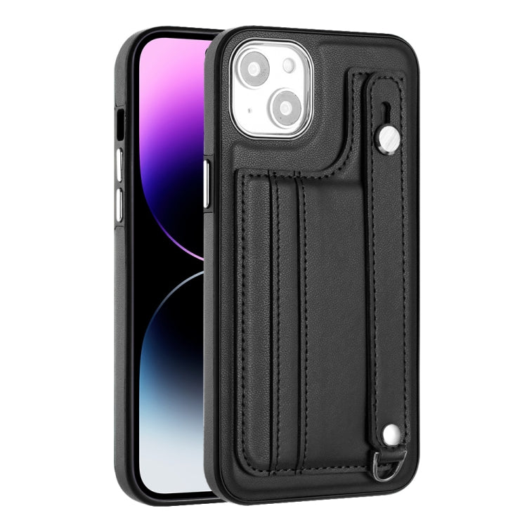 For iPhone 14 Shockproof Leather Phone Case with Wrist Strap(Black) - iPhone 14 Cases by PMC Jewellery | Online Shopping South Africa | PMC Jewellery