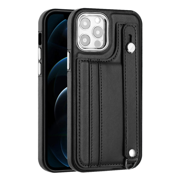 For iPhone 12 / 12 Pro Shockproof Leather Phone Case with Wrist Strap(Black) - iPhone 12 / 12 Pro Cases by PMC Jewellery | Online Shopping South Africa | PMC Jewellery