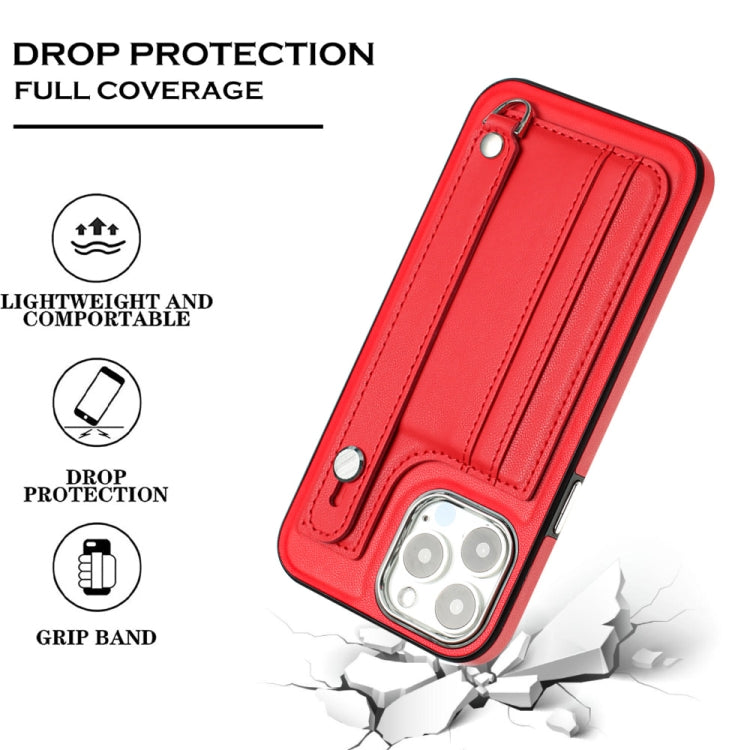 For iPhone 15 Pro Max Shockproof Leather Phone Case with Wrist Strap(Red) - iPhone 15 Pro Max Cases by PMC Jewellery | Online Shopping South Africa | PMC Jewellery