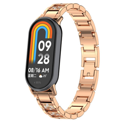 For Xiaomi Mi Band 8 Three-beads Full Diamond Metal Watch Band(Rose Gold) - Watch Bands by PMC Jewellery | Online Shopping South Africa | PMC Jewellery