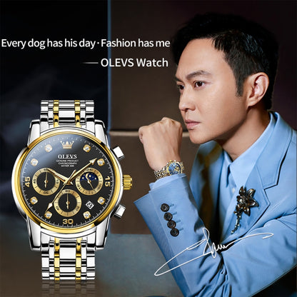OLEVS 2889 Men Multifunctional Luminous Waterproof Quartz Watch(Black + Gold) - Metal Strap Watches by OLEVS | Online Shopping South Africa | PMC Jewellery