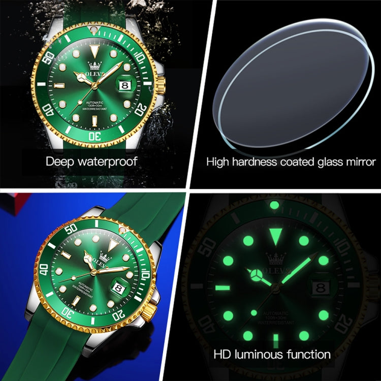 OLEVS 6650 Men Luminous Waterproof Silicone Strap Mechanical Watch(Green + Gold) - Silicone Strap Watches by OLEVS | Online Shopping South Africa | PMC Jewellery | Buy Now Pay Later Mobicred