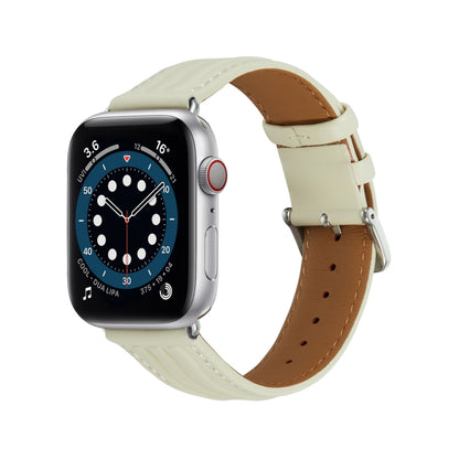 Embossed Line Genuine Leather Watch Band For Apple Watch 8 45mm(Milky White) - Watch Bands by PMC Jewellery | Online Shopping South Africa | PMC Jewellery