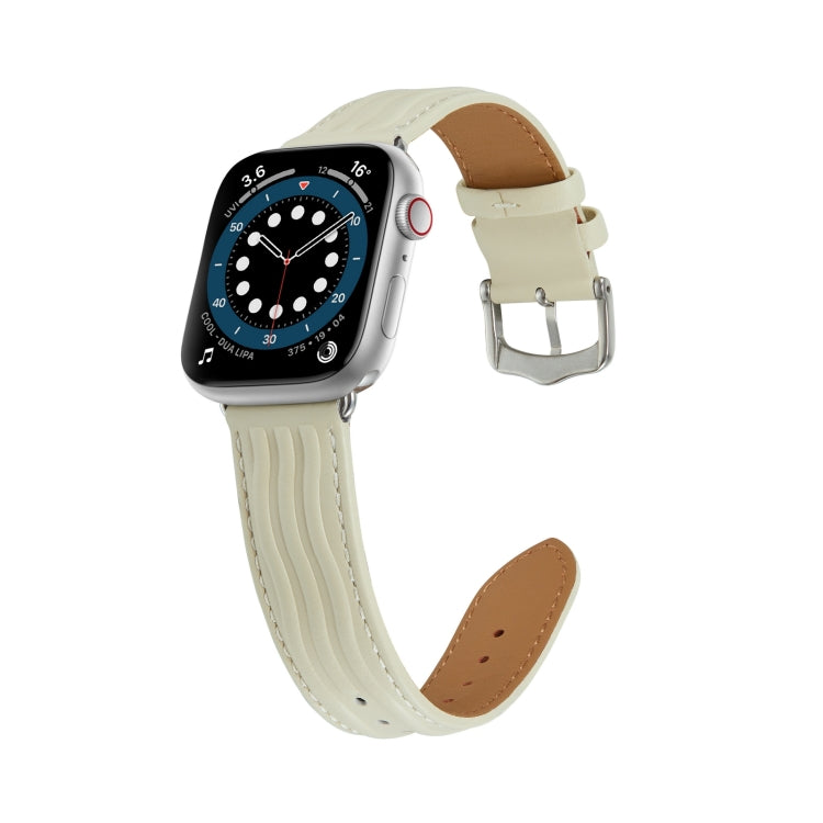 Embossed Line Genuine Leather Watch Band For Apple Watch SE 2022 40mm(Milky White) - Watch Bands by PMC Jewellery | Online Shopping South Africa | PMC Jewellery