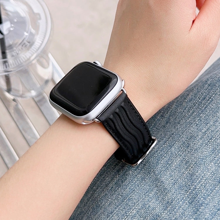 Embossed Line Genuine Leather Watch Band For Apple Watch 7 41mm(Black) - Watch Bands by PMC TechLife | Online Shopping South Africa | PMC TechLife
