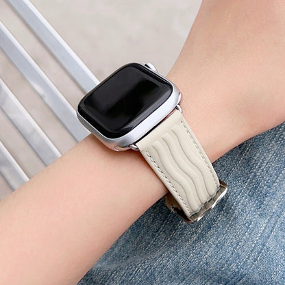 Embossed Line Genuine Leather Watch Band For Apple Watch 7 41mm(Milky White) - Watch Bands by PMC Jewellery | Online Shopping South Africa | PMC Jewellery