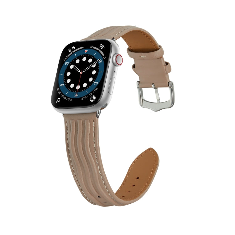 Embossed Line Genuine Leather Watch Band For Apple Watch 7 45mm(Milky Brown) - Watch Bands by PMC Jewellery | Online Shopping South Africa | PMC Jewellery