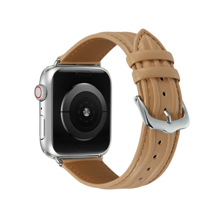 Embossed Line Genuine Leather Watch Band For Apple Watch 2 38mm(Khaki) - Watch Bands by PMC TechLife | Online Shopping South Africa | PMC TechLife