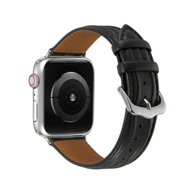 Embossed Line Genuine Leather Watch Band For Apple Watch 42mm(Black) - Watch Bands by PMC TechLife | Online Shopping South Africa | PMC TechLife