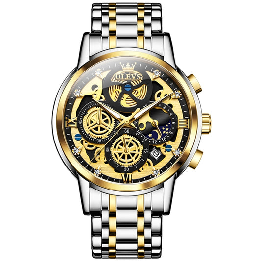 OLEVS 9947 Men Multifunctional Hollow Waterproof Quartz Watch(Black + Gold) - Metal Strap Watches by OLEVS | Online Shopping South Africa | PMC Jewellery