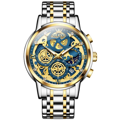 OLEVS 9947 Men Multifunctional Hollow Waterproof Quartz Watch(Blue + Gold) - Metal Strap Watches by OLEVS | Online Shopping South Africa | PMC Jewellery