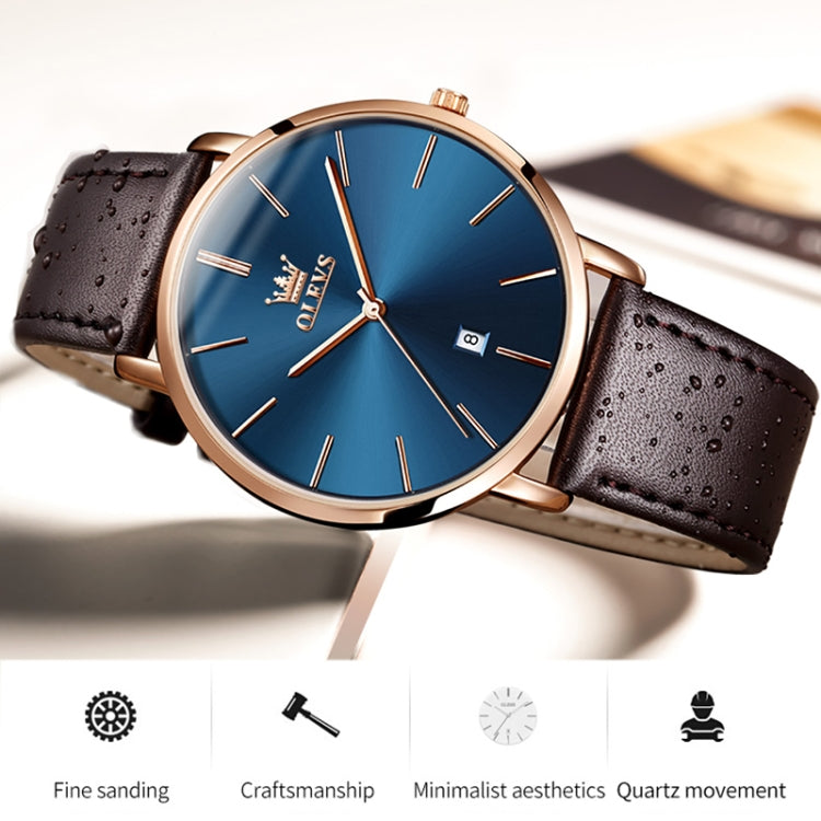 OLEVS 5869 Men Business Waterproof Genuine Leather Strap Quartz Watch(Blue + Rose Gold) - Leather Strap Watches by OLEVS | Online Shopping South Africa | PMC Jewellery