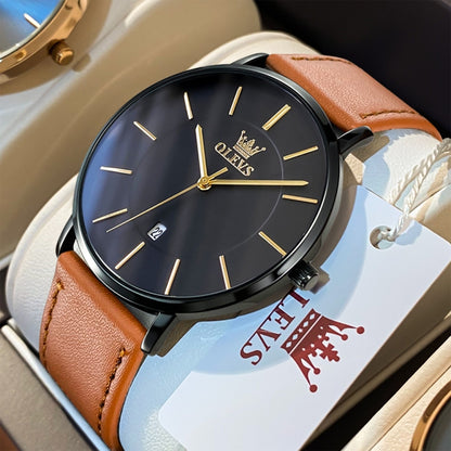 OLEVS 5869 Men Business Waterproof Genuine Leather Strap Quartz Watch(Black + Brown) - Leather Strap Watches by OLEVS | Online Shopping South Africa | PMC Jewellery