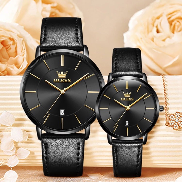 OLEVS 5869 1 Pair Couple Waterproof Genuine Leather Strap Quartz Watch(Black) - Couple Watches by PMC Jewellery | Online Shopping South Africa | PMC Jewellery