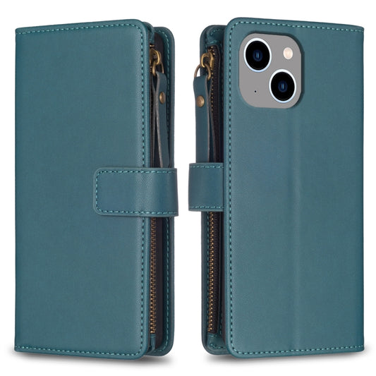 For iPhone 14 Plus 9 Card Slots Zipper Wallet Leather Flip Phone Case(Green) - iPhone 14 Plus Cases by PMC Jewellery | Online Shopping South Africa | PMC Jewellery