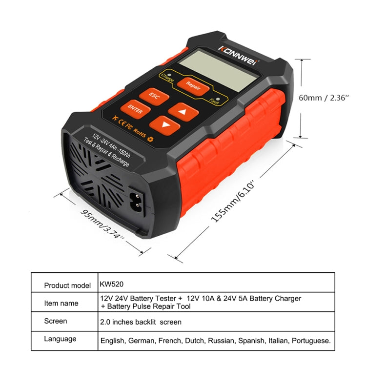 KONNWEI KW520 12V / 24V 3 in 1 Car Battery Tester with Detection & Repair & Charging Function(EU Plug) - Code Readers & Scan Tools by KONNWEI | Online Shopping South Africa | PMC TechLife | Buy Now Pay Later Mobicred