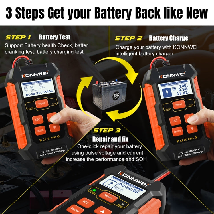 KONNWEI KW520 12V / 24V 3 in 1 Car Battery Tester with Detection & Repair & Charging Function(US Plug) - Code Readers & Scan Tools by KONNWEI | Online Shopping South Africa | PMC Jewellery | Buy Now Pay Later Mobicred