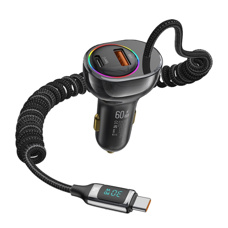 USAMS US-CC192 C37 60W Type-C+USB Dual Port Car Charger with Digital Display 30W Type-C Spring Data Cable(Tarnish) - Car Charger by USAMS | Online Shopping South Africa | PMC Jewellery | Buy Now Pay Later Mobicred