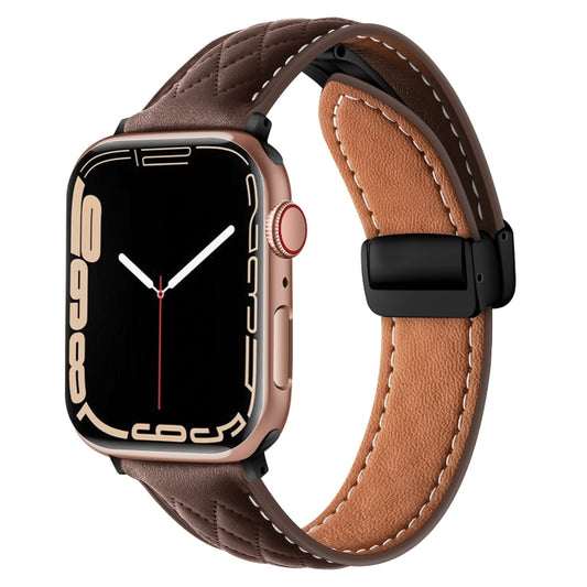 For Apple Watch Ultra 49mm Folding Buckle Rhombus Leather Watch Band(Coffee) - Watch Bands by PMC Jewellery | Online Shopping South Africa | PMC Jewellery