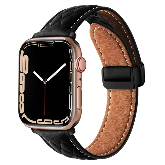 For Apple Watch SE 2022 44mm Folding Buckle Rhombus Leather Watch Band(Black) - Watch Bands by PMC Jewellery | Online Shopping South Africa | PMC Jewellery