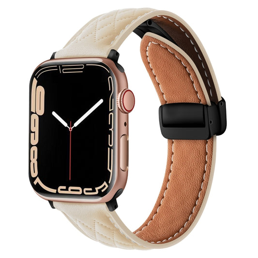 For Apple Watch SE 2022 44mm Folding Buckle Rhombus Leather Watch Band(Starlight) - Watch Bands by PMC Jewellery | Online Shopping South Africa | PMC Jewellery