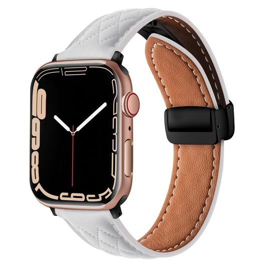 For Apple Watch SE 44mm Folding Buckle Rhombus Leather Watch Band(White) - Watch Bands by PMC Jewellery | Online Shopping South Africa | PMC Jewellery