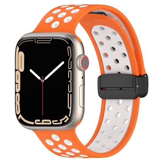 For Apple Watch 7 45mm Magnetic Buckle Silicone Watch Band(Orange White) - Watch Bands by PMC Jewellery | Online Shopping South Africa | PMC Jewellery