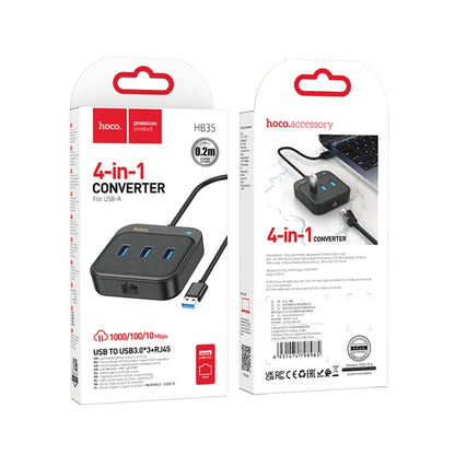 hoco HB35 4 in 1 USB to USB3.0x3+RJ45 Gigabit Ethernet Adapter, Cable Length:0.2m(Black) - USB Network Adapter by hoco | Online Shopping South Africa | PMC Jewellery