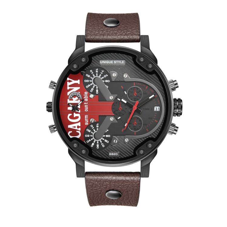 CAGARNY 6820 Men Dual Movement Red Face Leather Strap Quartz Watch(Brown) - Leather Strap Watches by PMC Jewellery | Online Shopping South Africa | PMC Jewellery