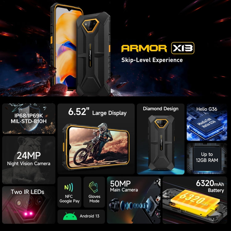 [HK Warehouse] Ulefone Armor X13, 6GB+64GB, IP68/IP69K Rugged Phone, 6.52 inch Android 13 MediaTek Helio G36 Octa Core, Network: 4G, NFC, OTG(All Black) - Ulefone by Ulefone | Online Shopping South Africa | PMC Jewellery