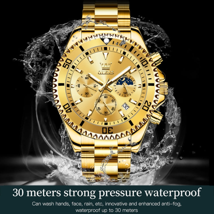 OLEVS 2870 Men Multifunctional Chronograph Three Eyes Waterproof Quartz Watch(Gold) - Metal Strap Watches by OLEVS | Online Shopping South Africa | PMC Jewellery | Buy Now Pay Later Mobicred