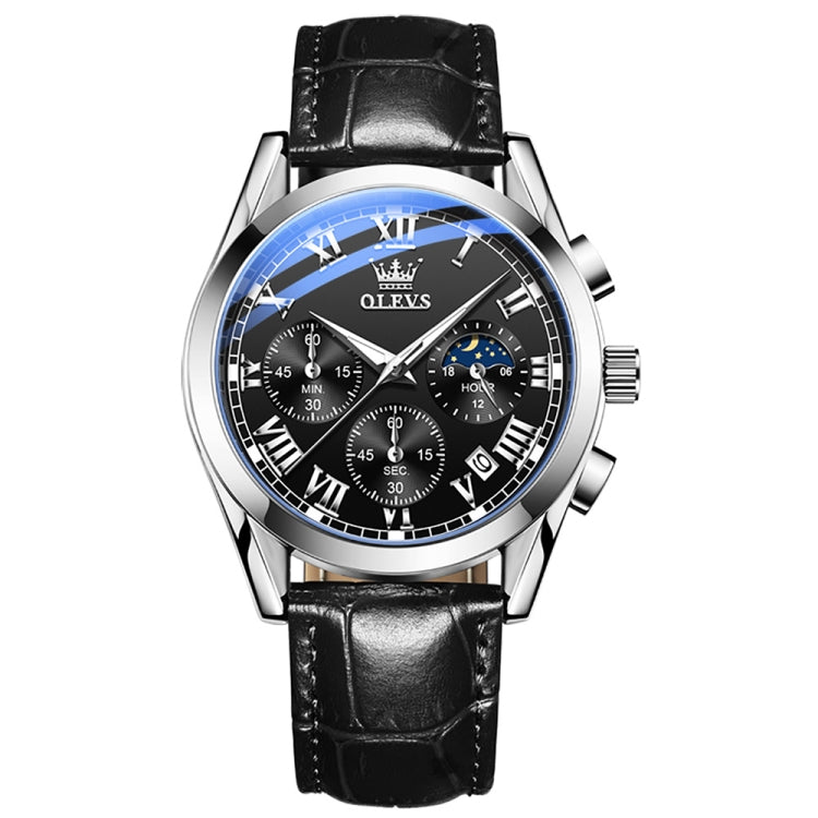 OLEVS 2871 Men Multifunctional Sports Chronograph Luminous Quartz Watch(Black + Silver) - Leather Strap Watches by OLEVS | Online Shopping South Africa | PMC Jewellery | Buy Now Pay Later Mobicred