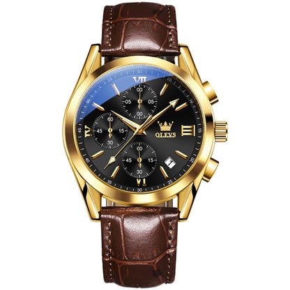 OLEVS 2872 Men Three Eyes Six Needles Chronograph Waterproof Quartz Watch(Black + Gold) - Leather Strap Watches by OLEVS | Online Shopping South Africa | PMC Jewellery | Buy Now Pay Later Mobicred