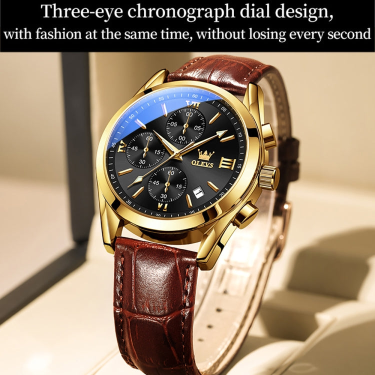 OLEVS 2872 Men Three Eyes Six Needles Chronograph Waterproof Quartz Watch(Black + Gold) - Leather Strap Watches by OLEVS | Online Shopping South Africa | PMC Jewellery | Buy Now Pay Later Mobicred