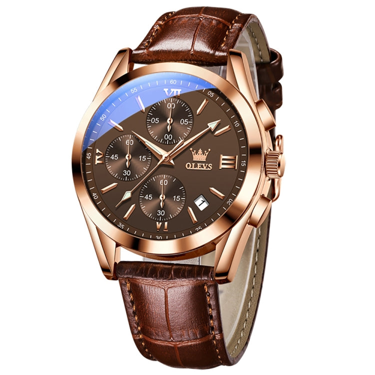 OLEVS 2872 Men Three Eyes Six Needles Chronograph Waterproof Quartz Watch(Coffee + Rose Gold) - Leather Strap Watches by OLEVS | Online Shopping South Africa | PMC Jewellery