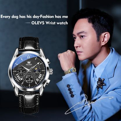 OLEVS 2876 Men Multifunctional Sports Chronograph Quartz Watch(Black) - Leather Strap Watches by OLEVS | Online Shopping South Africa | PMC Jewellery | Buy Now Pay Later Mobicred