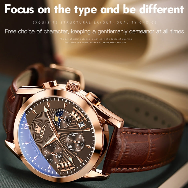 OLEVS 2876 Men Multifunctional Sports Chronograph Quartz Watch(Coffee + Rose Gold) - Leather Strap Watches by OLEVS | Online Shopping South Africa | PMC Jewellery | Buy Now Pay Later Mobicred