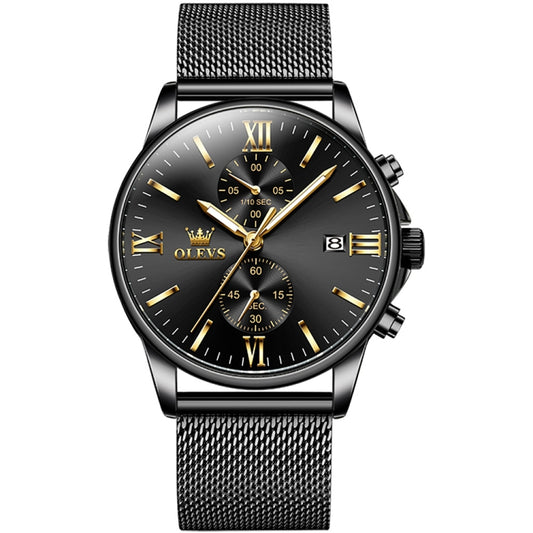 OLEVS 2886 Men Sports Chronograph Waterproof Luminous Quartz Watch(Black Gold Mesh Strip) - Metal Strap Watches by OLEVS | Online Shopping South Africa | PMC Jewellery