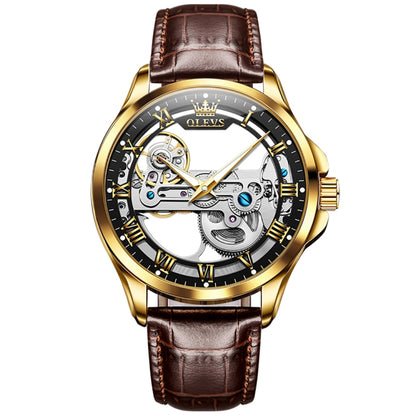 OLEVS 6661 Men Fashion Luminous Waterproof Mechanical Watch(Black + Gold) - Leather Strap Watches by OLEVS | Online Shopping South Africa | PMC Jewellery