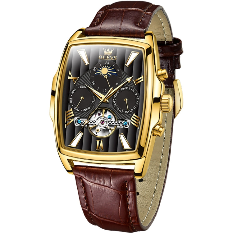 OLEVS 6675 Men Multifunctional Moon Phase Tourbillon Mechanical Watch(Black + Gold) - Leather Strap Watches by OLEVS | Online Shopping South Africa | PMC Jewellery | Buy Now Pay Later Mobicred