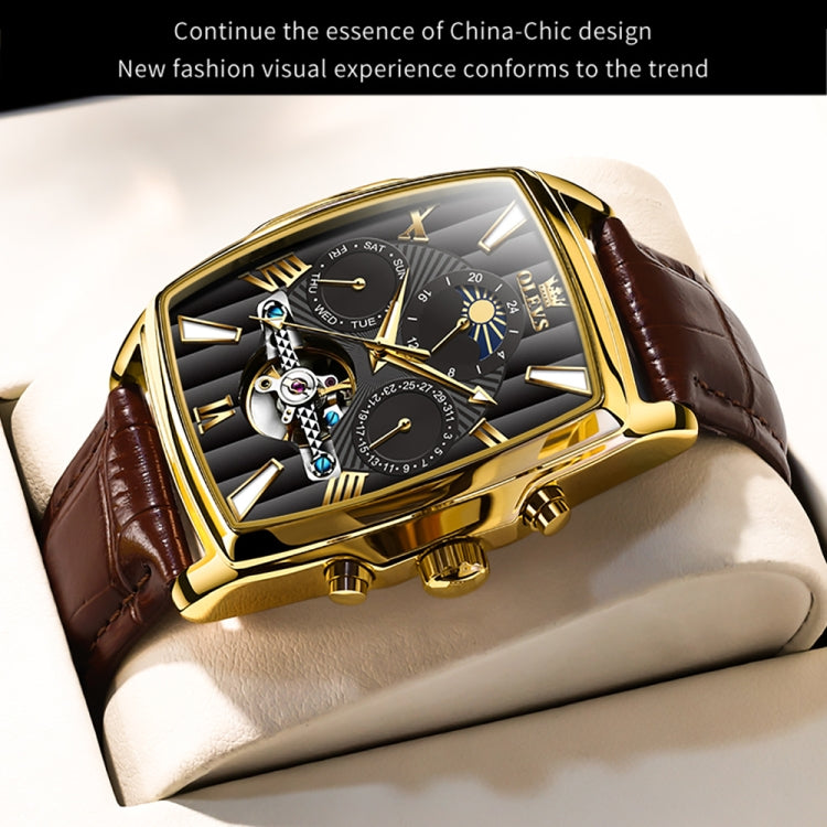 OLEVS 6675 Men Multifunctional Moon Phase Tourbillon Mechanical Watch(Black + Gold) - Leather Strap Watches by OLEVS | Online Shopping South Africa | PMC Jewellery | Buy Now Pay Later Mobicred