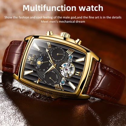 OLEVS 6675 Men Multifunctional Moon Phase Tourbillon Mechanical Watch(Black + Gold) - Leather Strap Watches by OLEVS | Online Shopping South Africa | PMC Jewellery | Buy Now Pay Later Mobicred