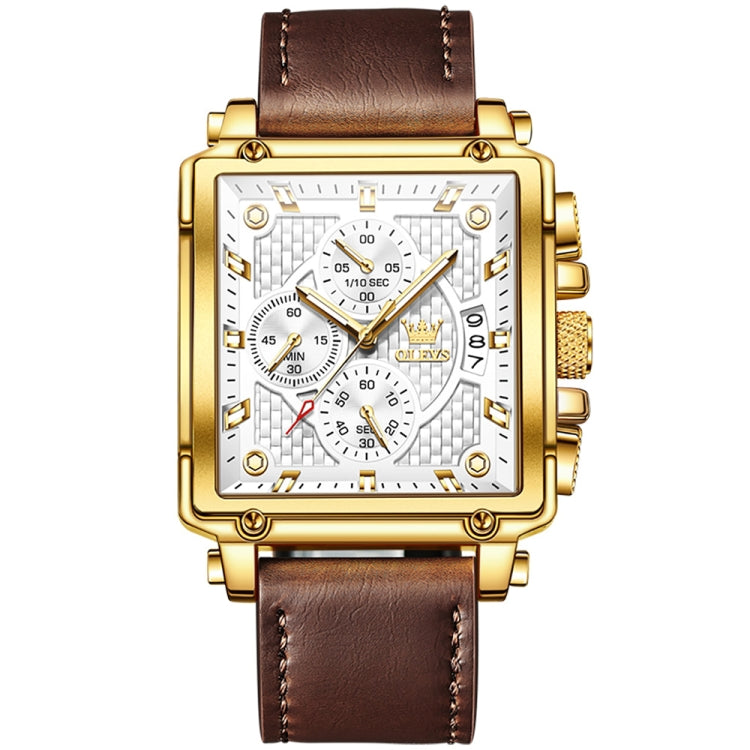 OLEVS 9925 Men Square Dial Multifunctional Waterproof Quartz Watch(White + Gold) - Leather Strap Watches by OLEVS | Online Shopping South Africa | PMC Jewellery | Buy Now Pay Later Mobicred