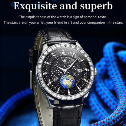 OLEVS 9967 Men Starry Sky Face Diamond Bezel Quartz Watch(Black Leather Strap) - Leather Strap Watches by OLEVS | Online Shopping South Africa | PMC Jewellery