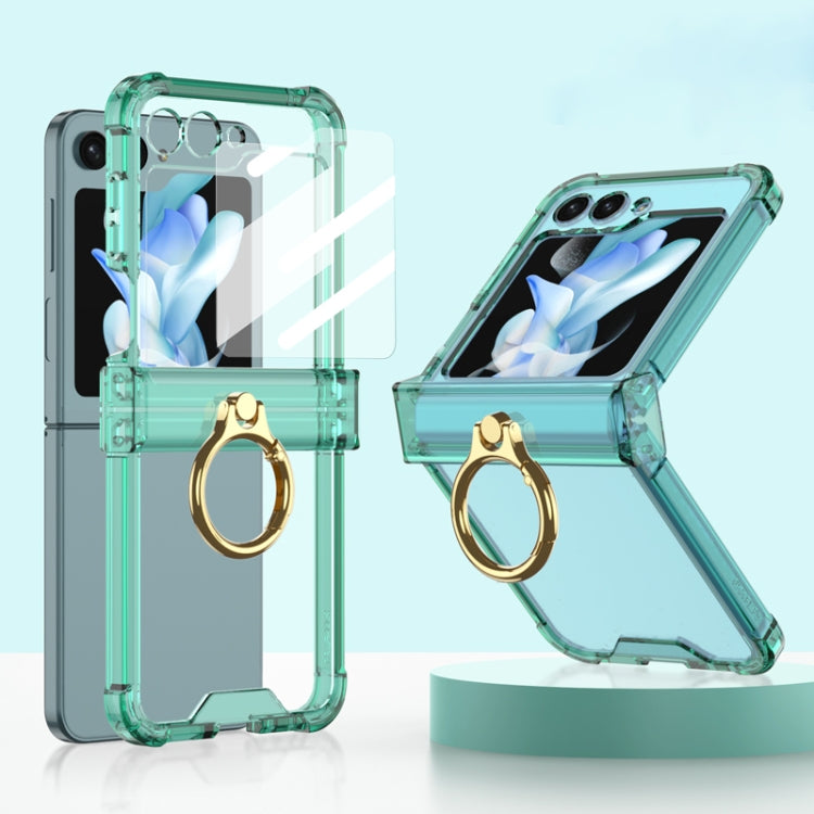 For Samsung Galaxy Z Flip5 Gkk Airbag Hinge Silicone Phone Case with Ring Holder & Tempered Film(Transparent Green) - Galaxy Z Flip5 Cases by GKK | Online Shopping South Africa | PMC Jewellery