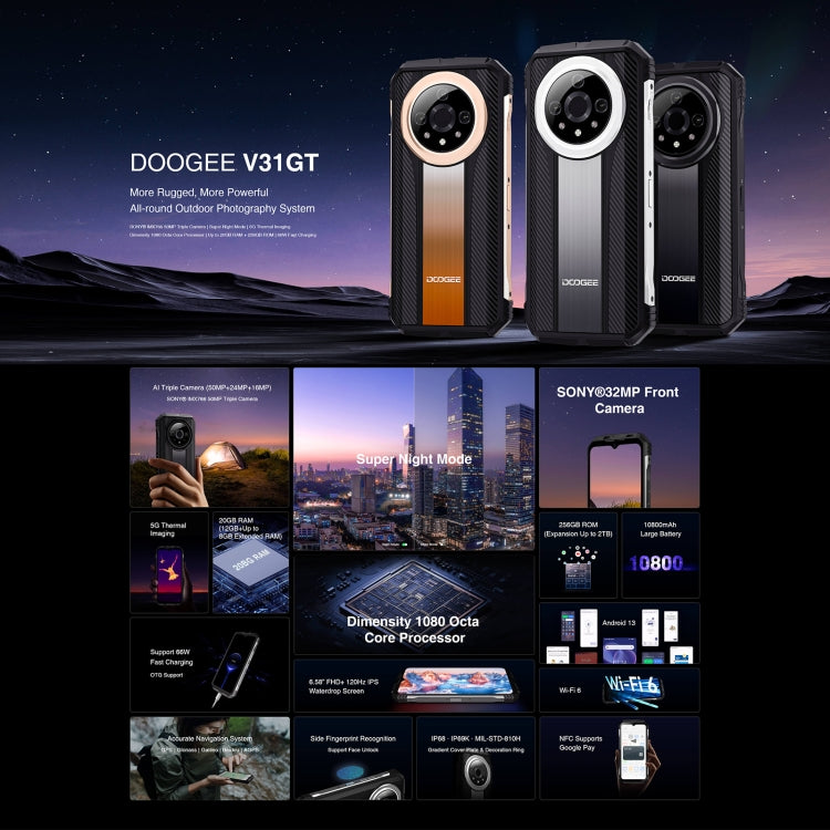 DOOGEE V31GT, 12GB+256GB, Thermal Imaging Camera, Side Fingerprint, 10800mAh Battery, 6.58 inch Android 13 Dimensity 1080 Octa Core, Network: 5G, OTG, NFC, Support Google Pay(Gold) - DOOGEE by DOOGEE | Online Shopping South Africa | PMC Jewellery | Buy Now Pay Later Mobicred