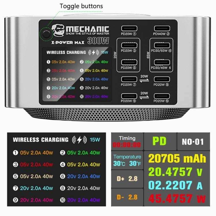 Mechanic X-Power Series Multiport Digital Display USB Charger Station with Wireless Charging, Total Power:200W(US Plug) - Dock Charger by MECHANIC | Online Shopping South Africa | PMC Jewellery | Buy Now Pay Later Mobicred