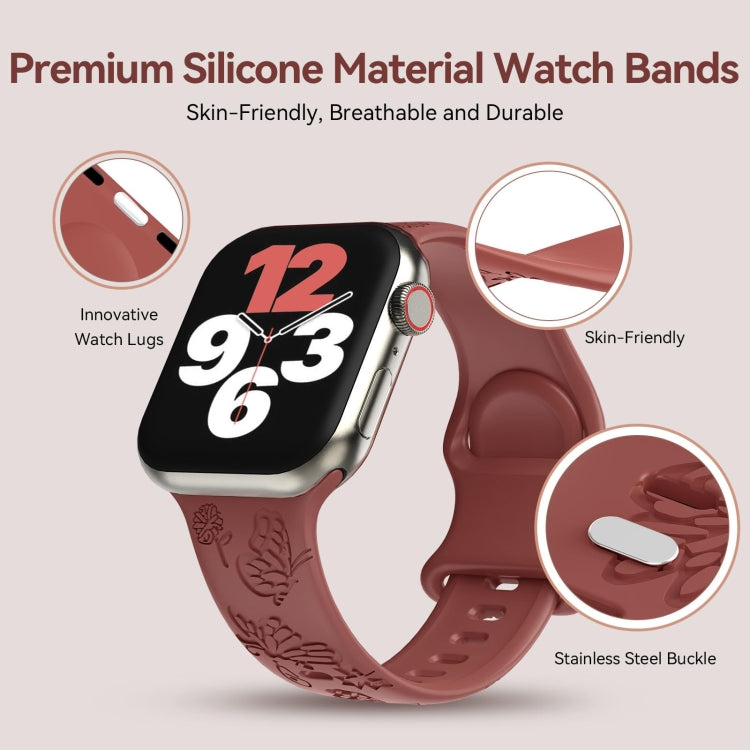 For Apple Watch 38mm Butterfly Flower Embossed Silicone Watch Band(Brick Red) - Watch Bands by PMC TechLife | Online Shopping South Africa | PMC TechLife
